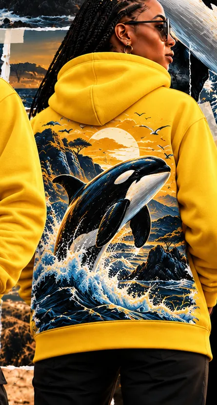 SoulTribe yellow hoodie with an orca back print