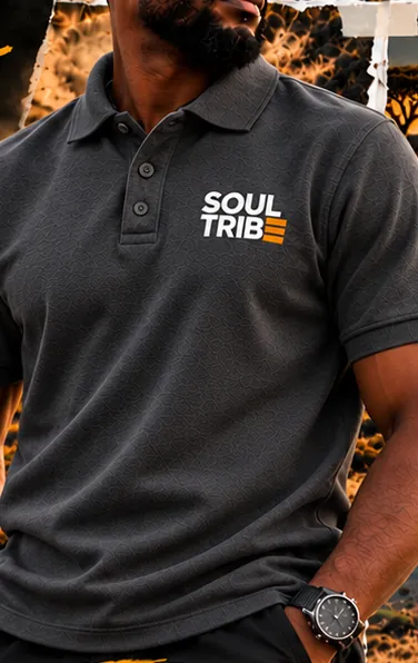 SoulTribe Polo in charcoal, front view