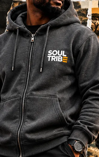 SoulTribe Zipped Hoodie in charcoal, front view