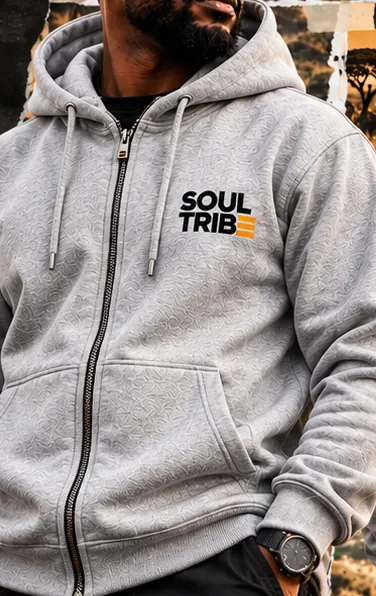 SoulTribe Zipped Hoodie in grey, front view