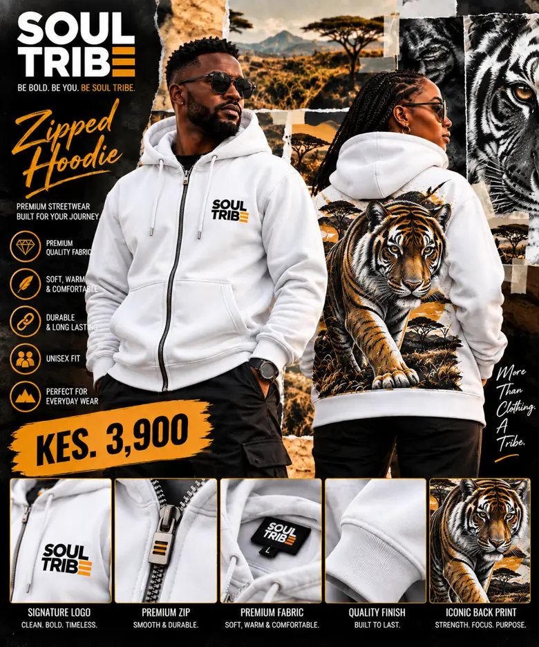 SoulTribe Zipped Hoodie in white, product sheet